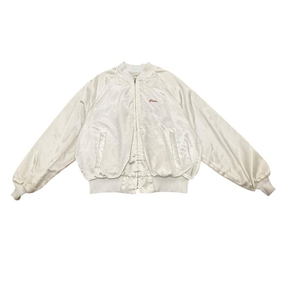 Vintage 1970s White Satin Varsity Jacket “Excellence” USA Large Bomber